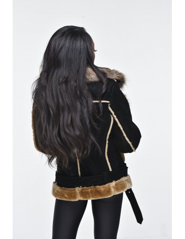 Ladies Faux Shearling with Faux Fur Collar - Black with Natural la livraison gratuite