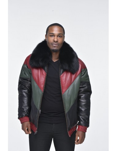 Men’s Lambskin V Bomber Jacket with Detachable Black Fox Collar - Multi Color prix