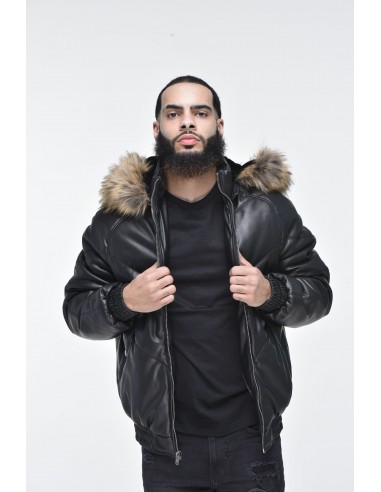 Men’s Faux Leather V Bomber Jacket with Detachable Faux Fur Hood - Black À commander