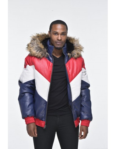 Men’s Faux Leather V Bomber Jacket with Detachable Faux Fur Hood - Red, White, Blue pas cher chine