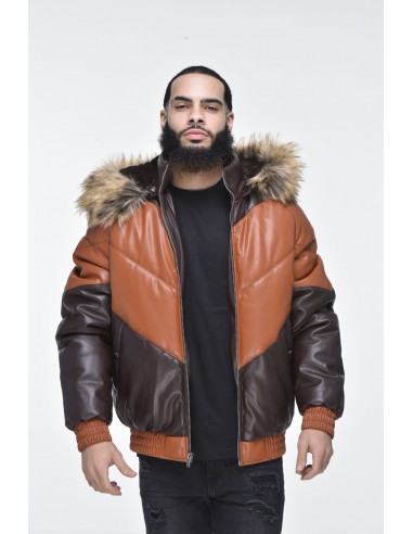 Men’s Faux Leather V Bomber Jacket with Detachable Faux Fur Hood - Cognac JUSQU'A -70%! 