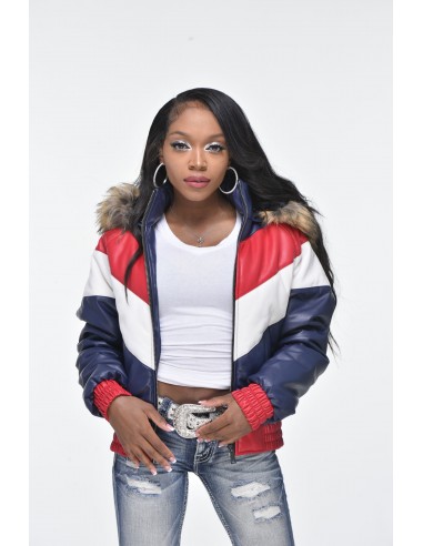 Ladies Faux Leather V Bomber Jacket with Detachable Faux Fur Hood - Red, White, Blue solde