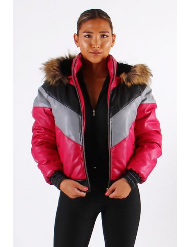 Ladies Faux Leather V Bomber Jacket with Detachable Faux Fur Hood - Red, Green, Black plus qu'un jeu 