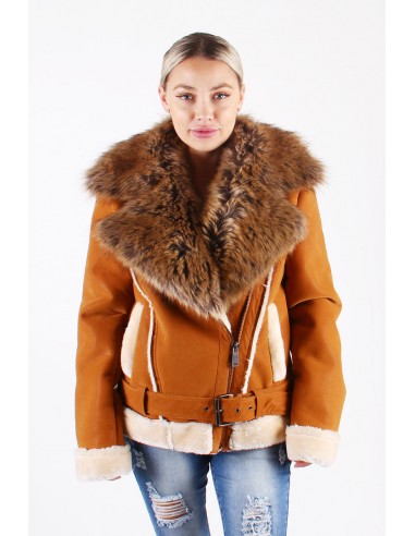 Ladies Faux Shearling with Faux Fur Collar -  Cognac with Natural le concept de la Pate a emporter 