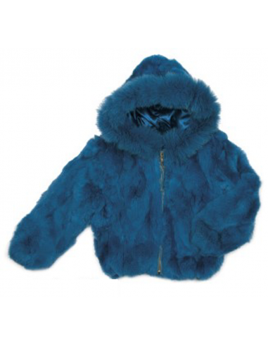 Kids Rabbit Fur Hooded Bomber Jacket - Blue vous aussi creer 