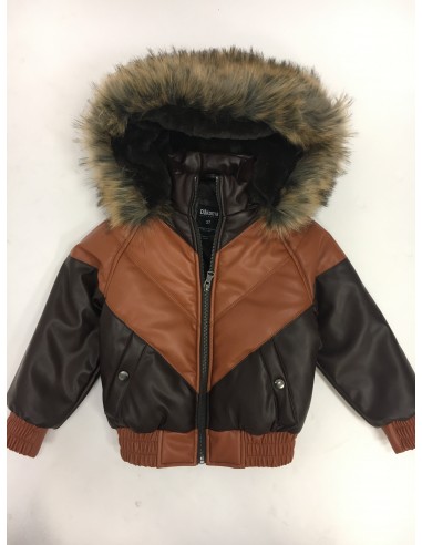 Kids Faux Leather V Bomber Jacket with Detachable Faux Fur Hood - Cognac Découvrez la collection