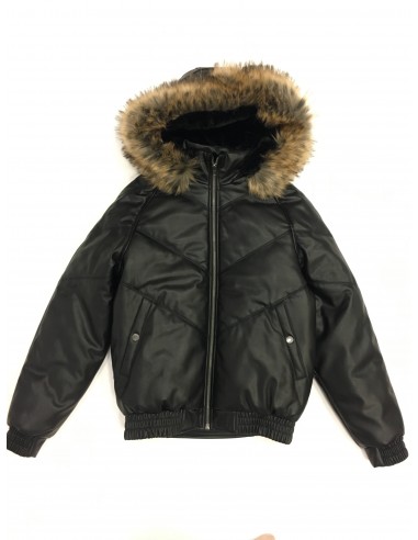 Kids Faux Leather V Bomber Jacket with Detachable Faux Fur Hood - Black vente chaude votre 