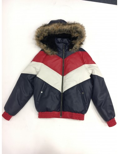 Kids Faux Leather V Bomber Jacket with Detachable Faux Fur Hood - Red,White,Blue 2024