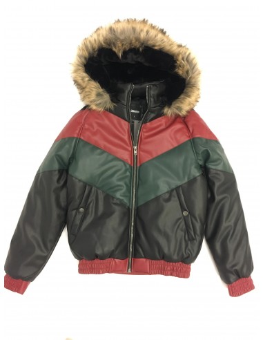 Kids Faux Leather V Bomber Jacket with Detachable Faux Fur Hood - Red,Green,Black d'Europe débarque