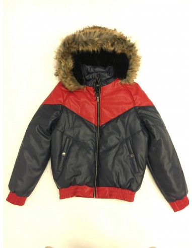 Kids Faux Leather V Bomber Jacket with Detachable Faux Fur Hood - Red and Navy soldes