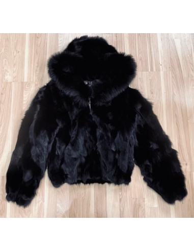 Ladies Black Fox Fur Bomber Jacket with Hood – Black acheter