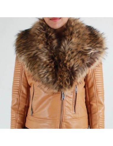 Ladies Tan Vegan Fashion Asymmetrical with Faux Fur Collar de votre